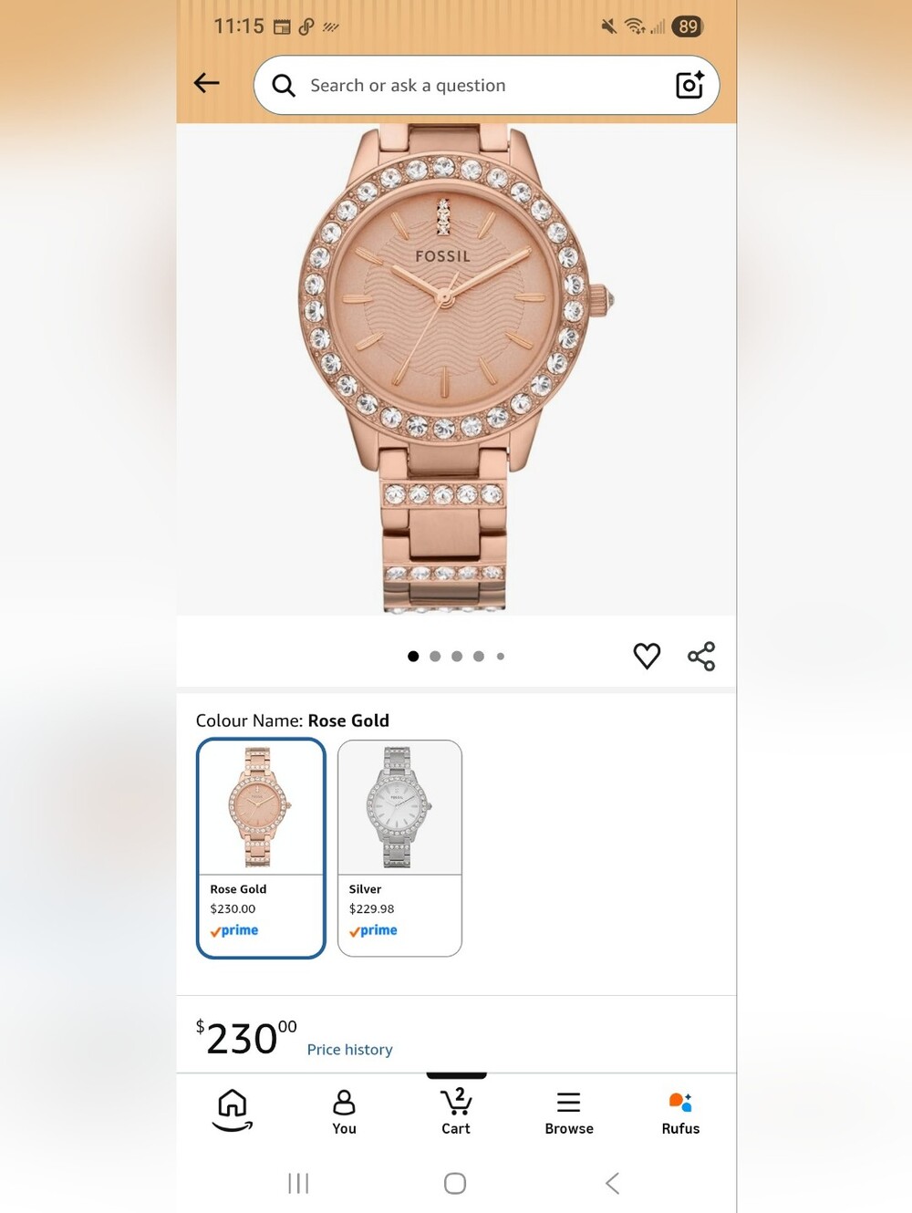 Fossil Rose Gold Crystal Accent Bracelet Watch